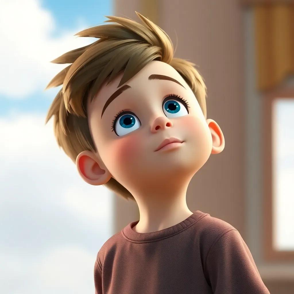 Leo, un niño travieso con cabello rizado y piel clara, mirando al cielo, soñando con nuevas aventuras mientras está rodeado de su hogar, colores suaves, arte digital, alta calidad