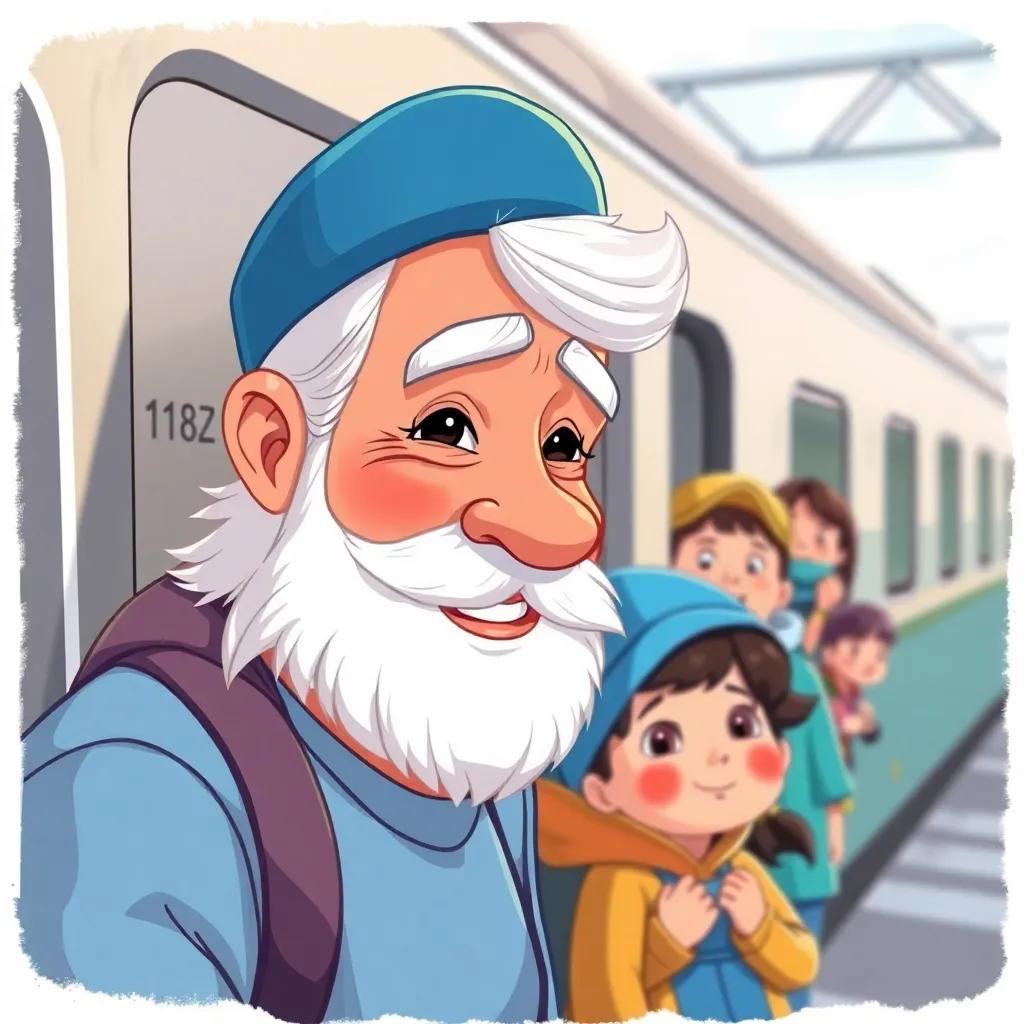 Un hombre de barba blanca con una gorra azul sonríe, mientras los niños suben al tren, esperando con emoción, ilustración, cálidos tonos, alegre y amigable