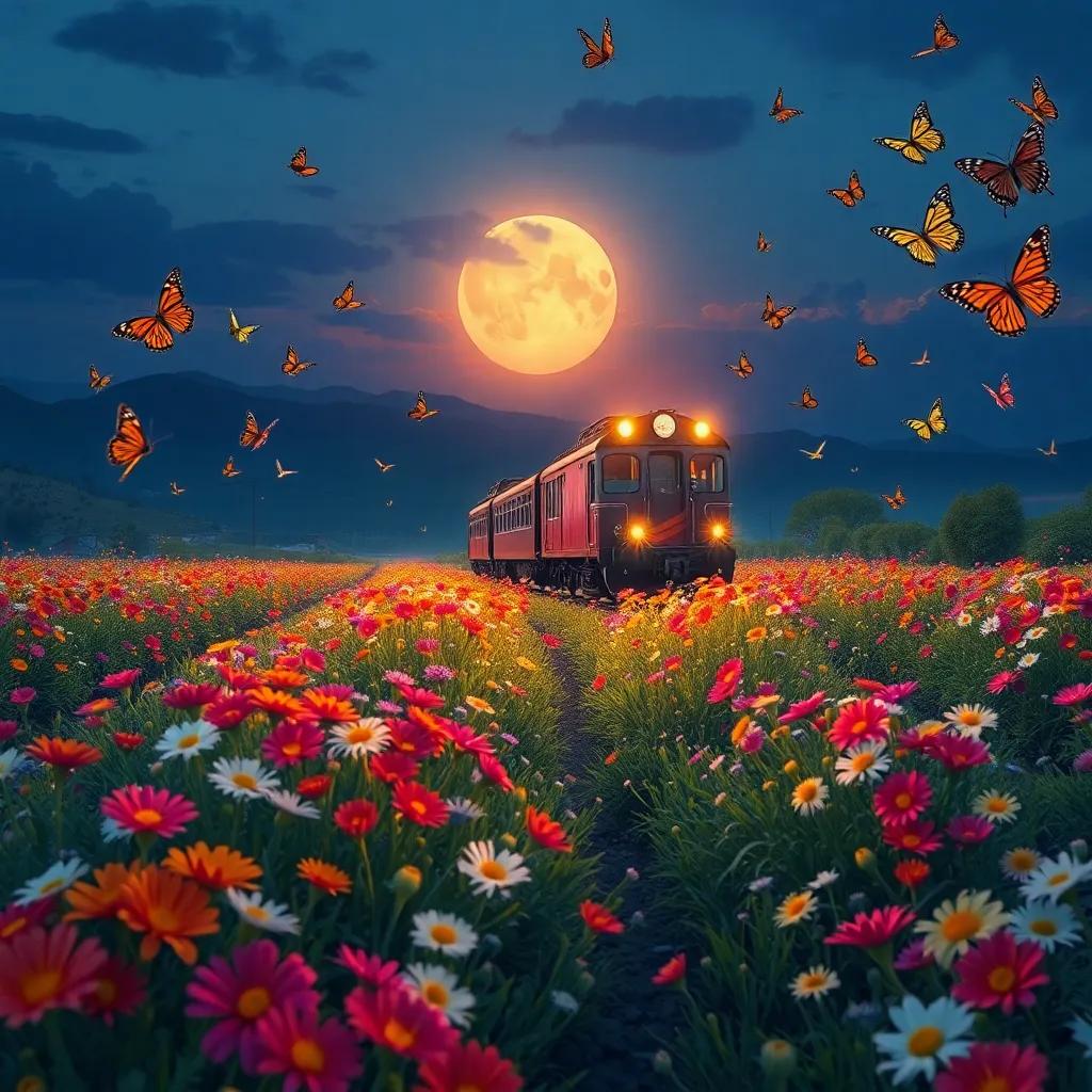 El tren atraviesa un campo de flores brillantes bajo la luna, mientras mariposas de colores vuelan alrededor, digital painting, escena colorida y encantadora, vista en perspectiva cercana