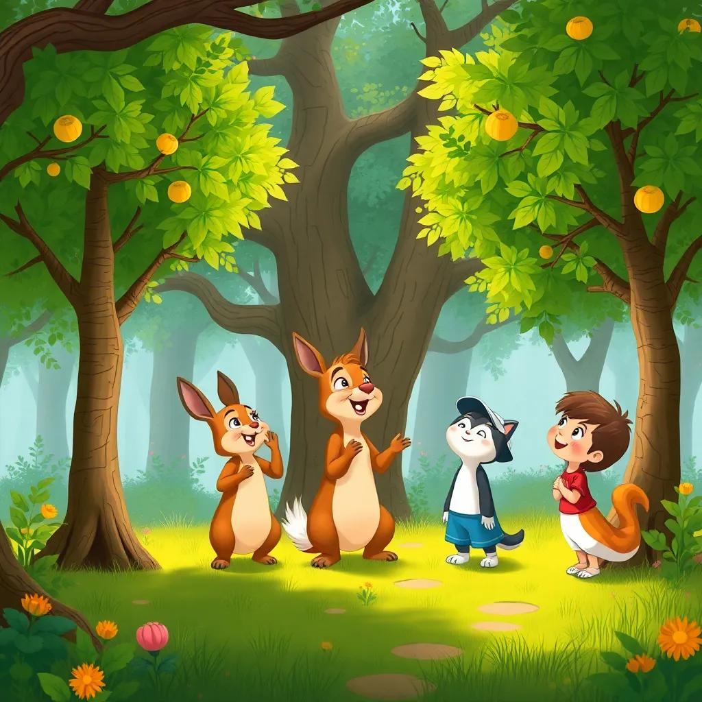 Un bosque encantado lleno de árboles felices hablando, un burro bailando y un gato cantando, los niños riéndose, estilo ilustración, mágico, alegre