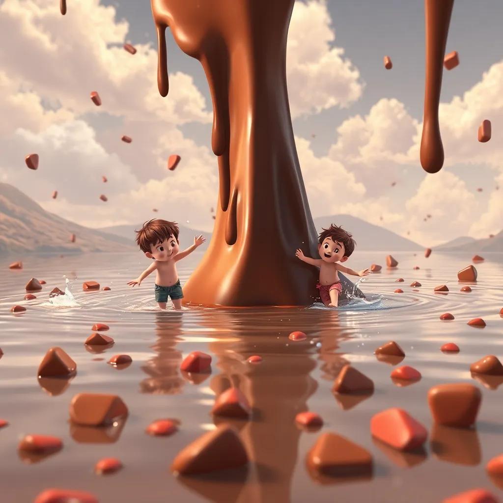 Un lago de chocolate donde los niños saltan y prueban el chocolate, con olores dulces en el aire, arte digital, vibrante, deliciosa atmósfera