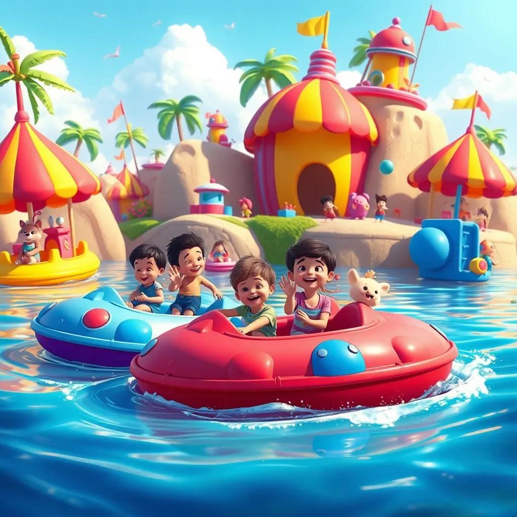 Una isla llena de juguetes gigantes, niños jugando en toboganes de colores, riendo y disfrutando, ilustración, colorido, divertido y alegre