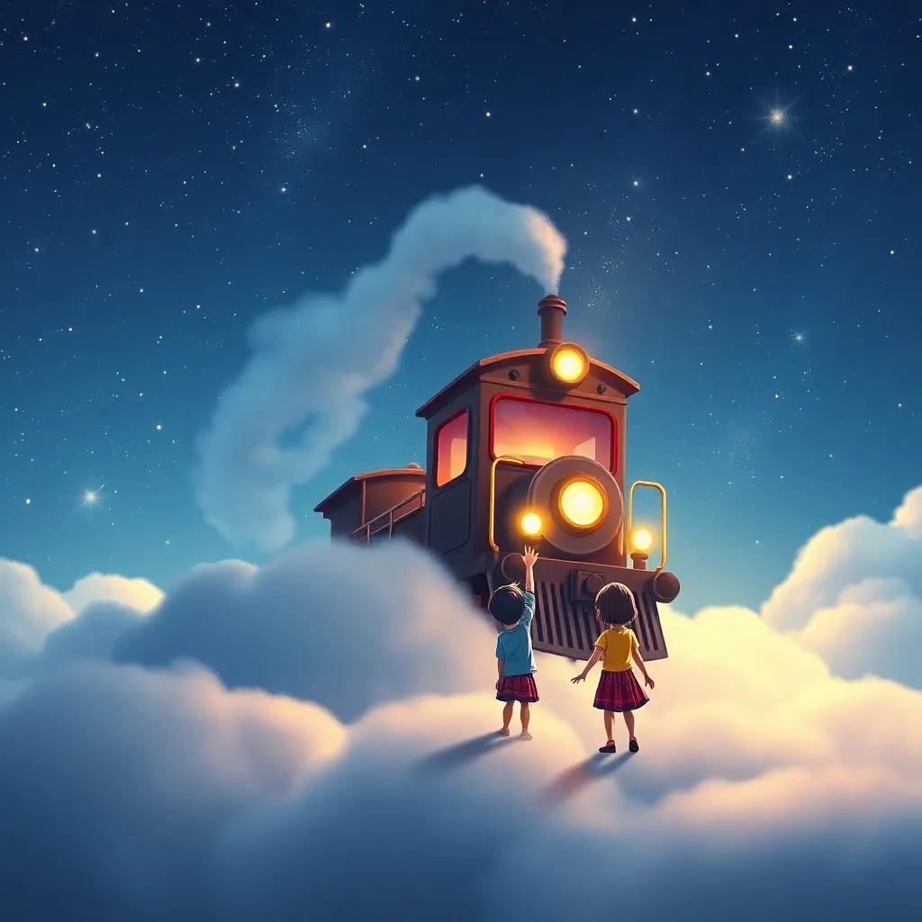 Un cielo estrellado con un tren volando sobre nubes suaves, niños tocando estrellas y haciendo amigos con las constelaciones, arte digital, maravilloso y soñador
