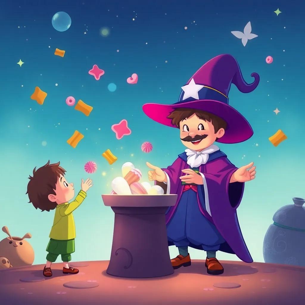 Un mago sonriente enseñando trucos mágicos a los niños con dulces y juguetes en el aire, ilustración amigable, mágica y divertida