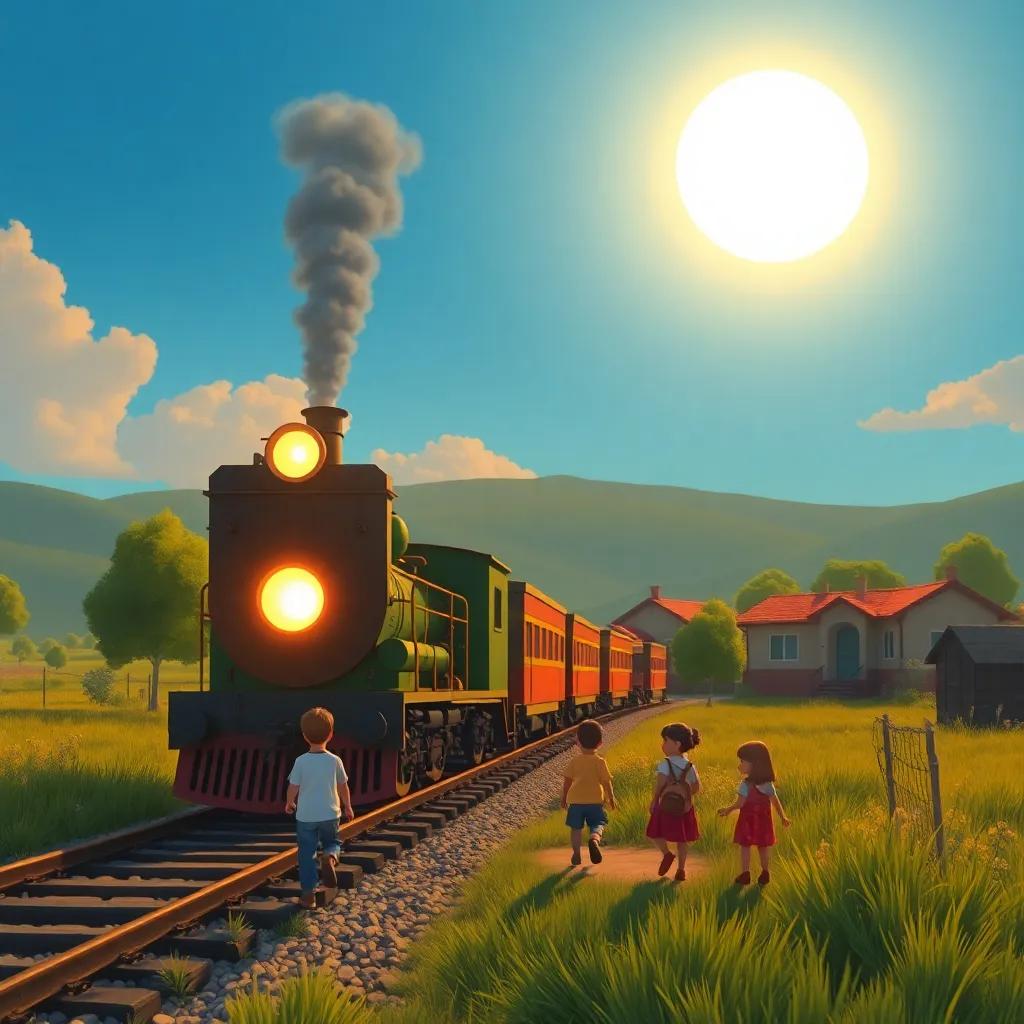 El tren regresando al pueblo al amanecer, el sol brillante en el cielo mientras los niños regresan a sus casas, estilo arte digital, cálido y acogedor