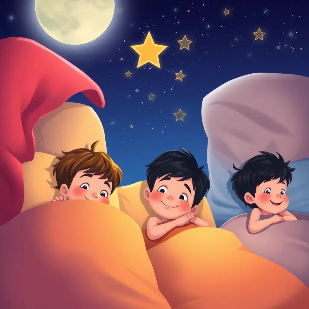 Un grupo de niños despertando en sus camas, sonriendo y recordando su viaje mágico, ilustración, colorido y feliz, alegría en sus rostros