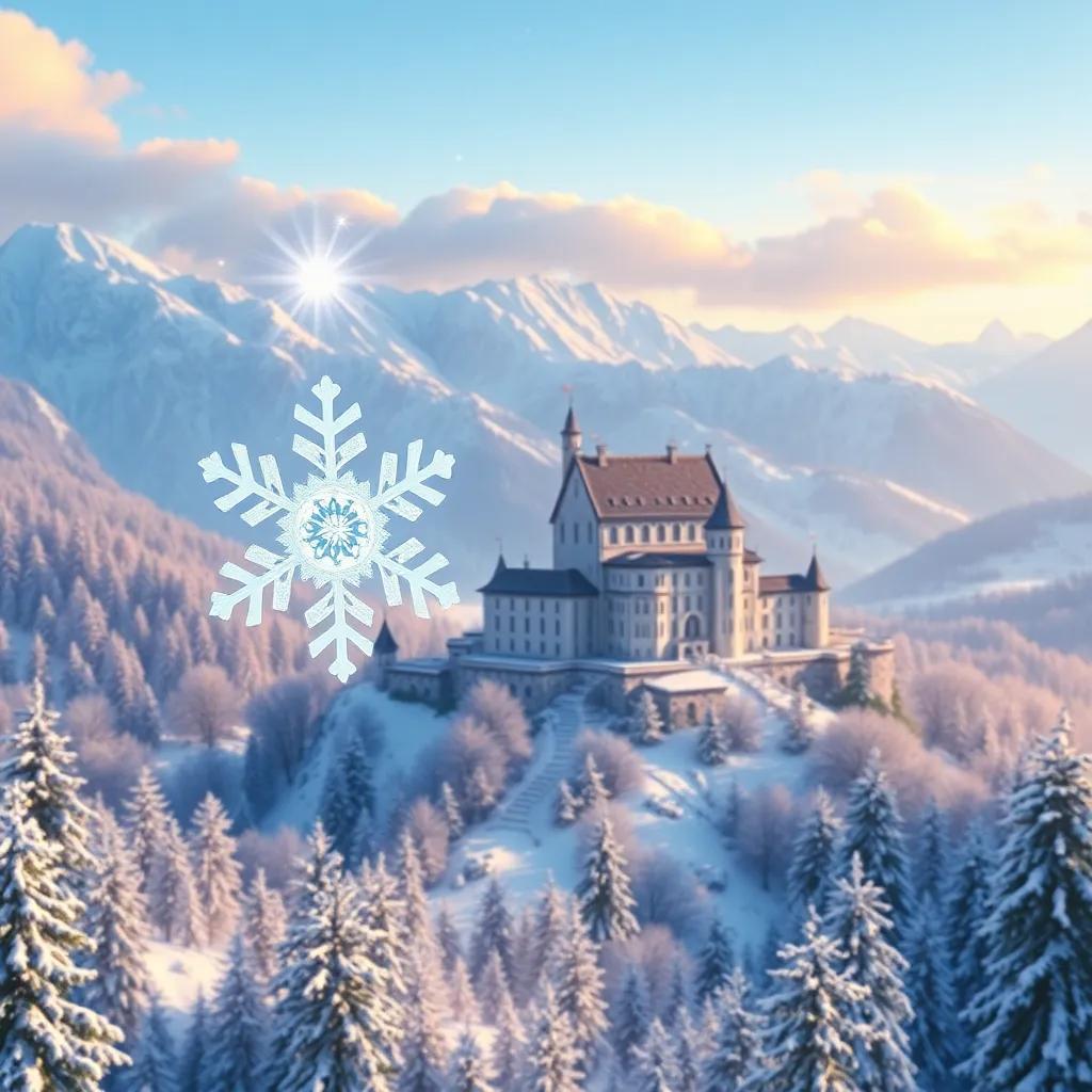 A happy snowflake named Nieve, sparkling in the air, joyfully flying over snow-covered Alps mountains and the magnificent Neuschwanstein castle, digital art, vibrant and bright colors, enchanting atmosphere, high quality