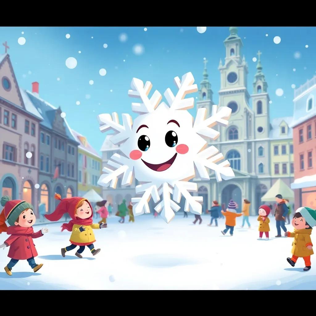 Nieve, the happy snowflake, landing in Marienplatz of Munich, surrounded by children playing and smiling, with snowflakes falling gently, illustration, cheerful and lively, capturing the joy of winter, child-friendly