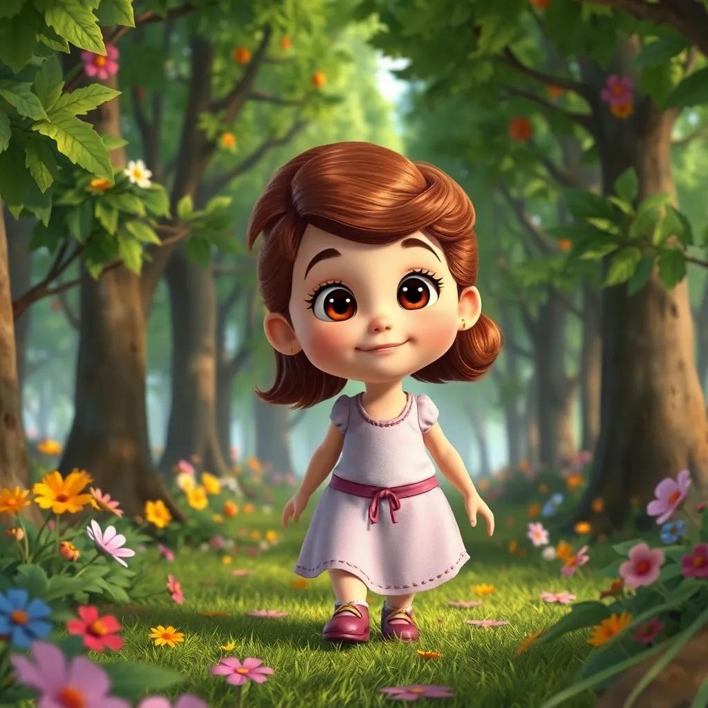 Sofía, una niña pequeña con cabello rizado y ojos brillantes, explorando un bosque lleno de árboles verdes y flores de colores, digital art, vibrant colors, whimsical atmosphere, cheerful perspective, high quality