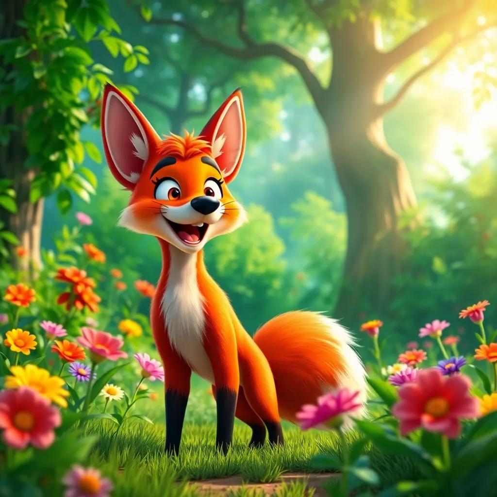 A happy fox named Zorro looking excited, standing in a lush green forest with colorful flowers and trees, vibrant sunlight filtering through the leaves, digital art, cheerful atmosphere, bright colors, inviting