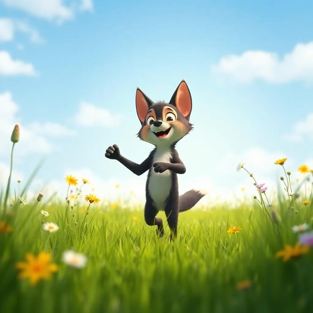 Zorro practicing dancing alone, in a sunny meadow, with his little paws moving to the rhythm, surrounded by tall grass and wildflowers, cheerful vibe, bright colors, joyful perspective