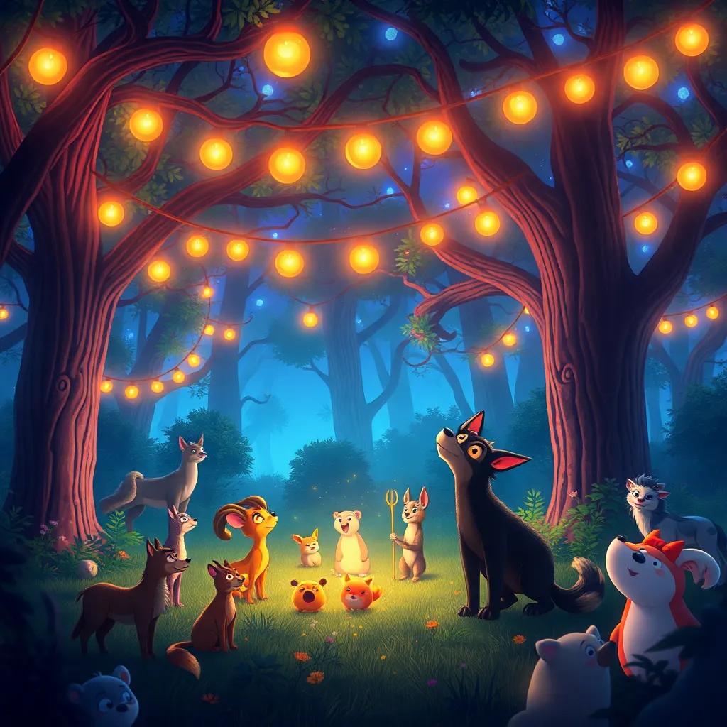 A magical night forest scene with lights hanging from trees, animals gathering for a big party, Zorro looking amazed and excited, vibrant colors, glowing lights, whimsical