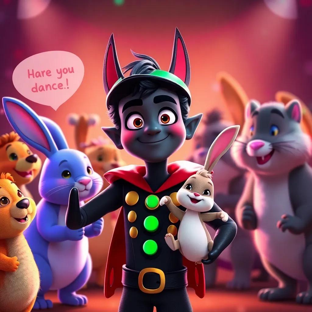 Zorro feeling nervously excited, surrounded by friendly animals encouraging him to dance, a rabbit smiling at him, heartwarming and supportive atmosphere, colorful, engaging