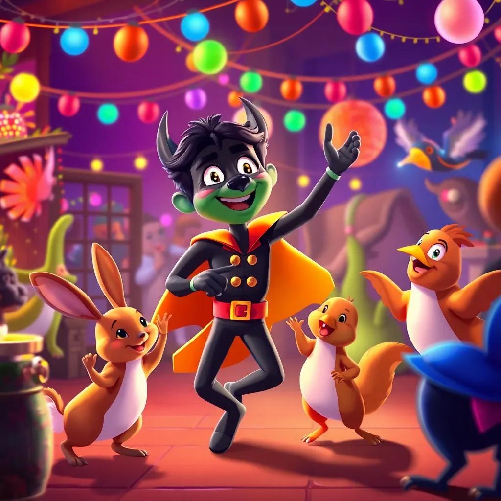 Zorro dancing joyfully with his friends at the party, full of energy and laughter, a rabbit, squirrel, and bird joining in, colorful lights and decorations, festive