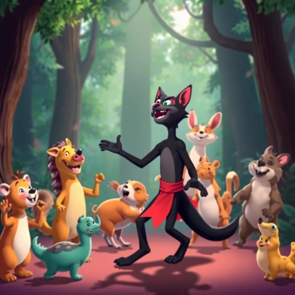 Zorro learning to dance with his animal friends, laughter in the air, diverse forest creatures all dancing together, bright colors, lively and fun
