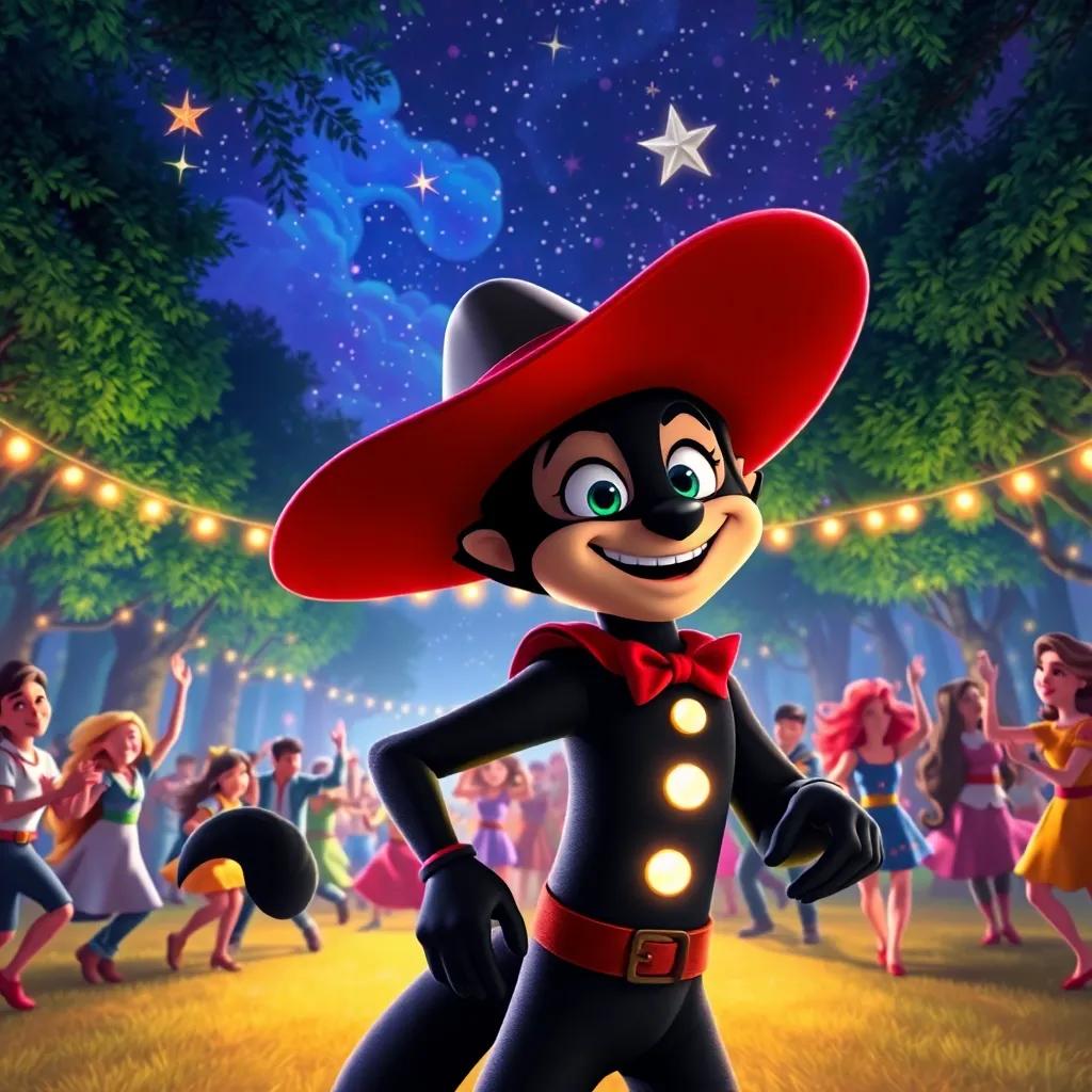 Zorro enjoying the fun, everyone dancing cheerfully under the stars, a backdrop of a beautifully lit forest, vibrant colors, magical and celebratory