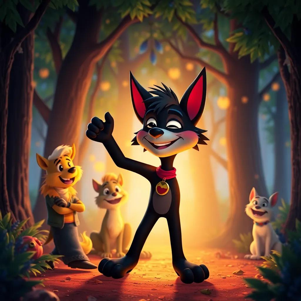 Zorro celebrating after the party with his friends, a warm and glowing forest scene, feeling tired but happy, colorful, uplifting
