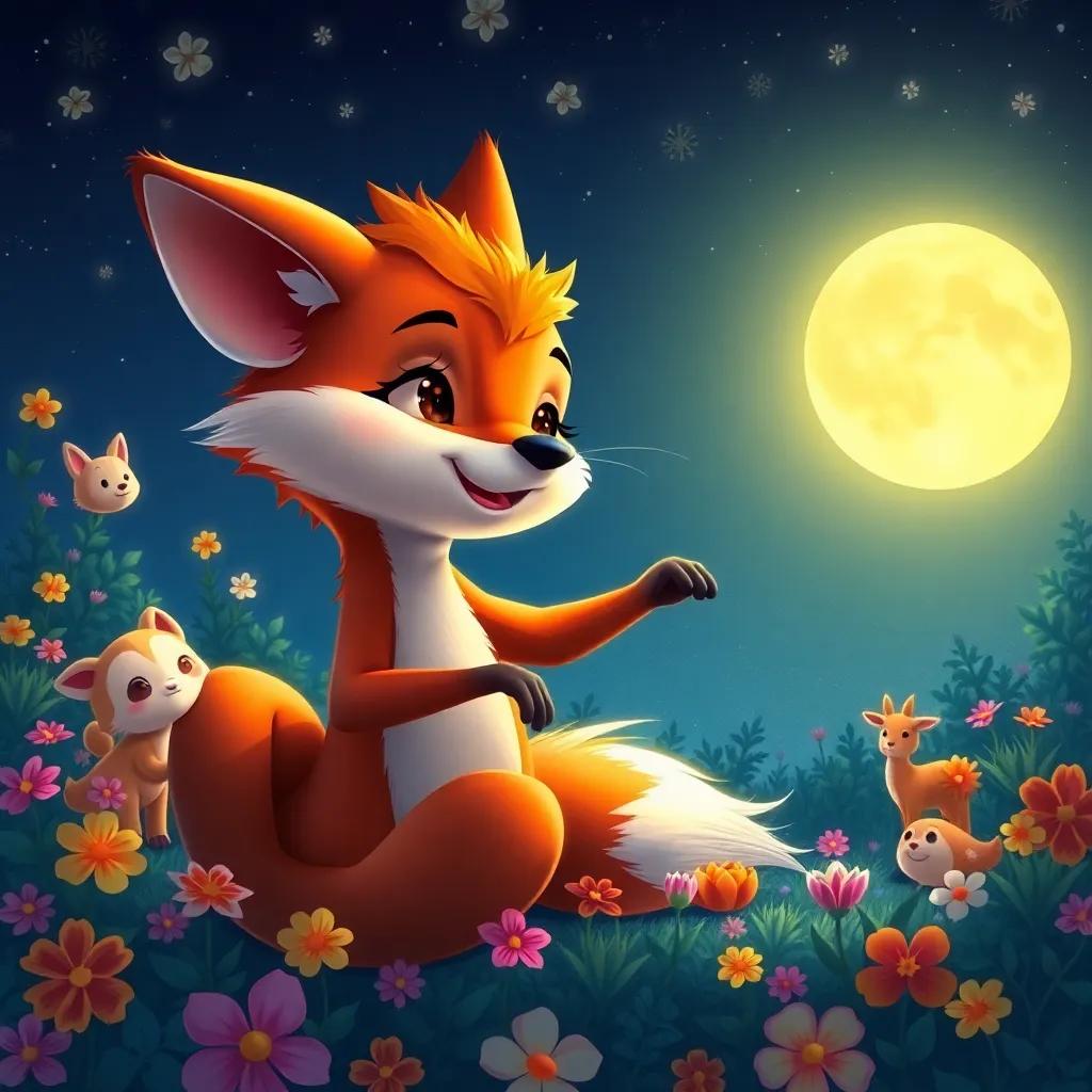 A mischievous fox, Zorrito, dreaming of dancing under the moonlight, surrounded by forest animals, colorful flowers, night sky with twinkling stars, whimsical, digital art, vibrant and cheerful atmosphere, detailed