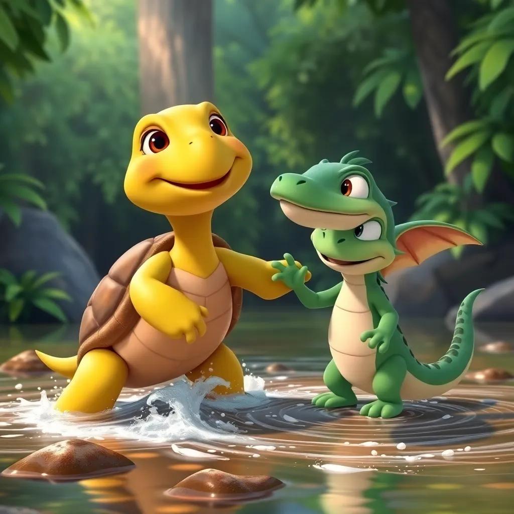A turtle, Tula, smiling and teaching Zorrito how to move to the rhythm of a flowing river, lush green forest background, bright colors, playful scene, illustration, joyful and warm, high quality