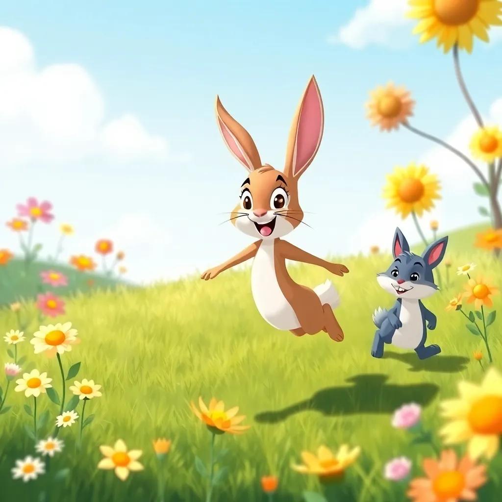 A happy hare, Lila, hopping with Zorrito in a sunny clearing, bright flowers blooming around, Zorrito trying to keep up, cheerful, colorful, child-friendly illustration, lively atmosphere, crisp details