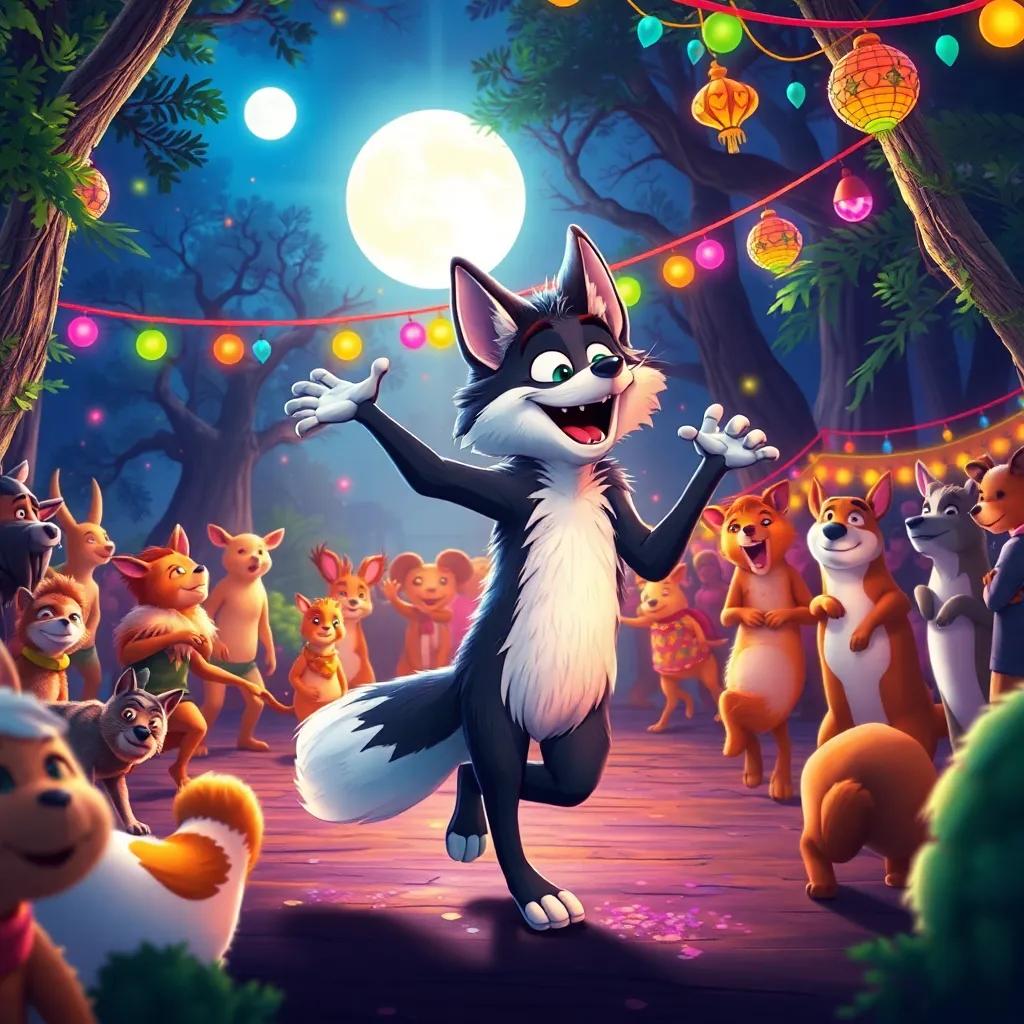 Zorrito dancing happily at the big forest dance, surrounded by animals, colorful lights and decorations, joyful celebration under the moonlight, vibrant colors, uplifting, fantasy digital art, high quality