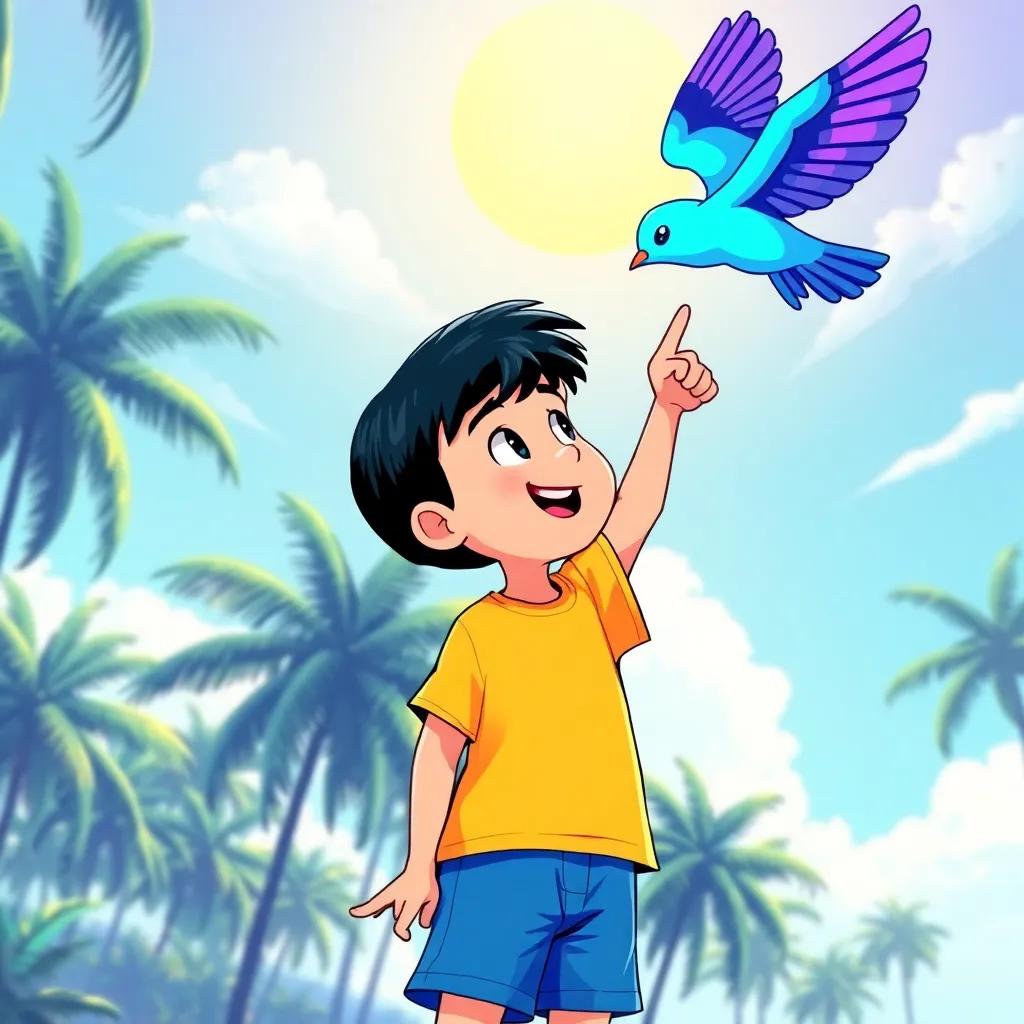 A boy, Jack, a curious 7-year-old, with short black hair, wearing a bright t-shirt and shorts, pointing excitedly at a brilliant blue flying fox in the sky, tropical background with palm trees and a sunny sky, cheerful, vibrant colors, child-friendly illustration, high quality