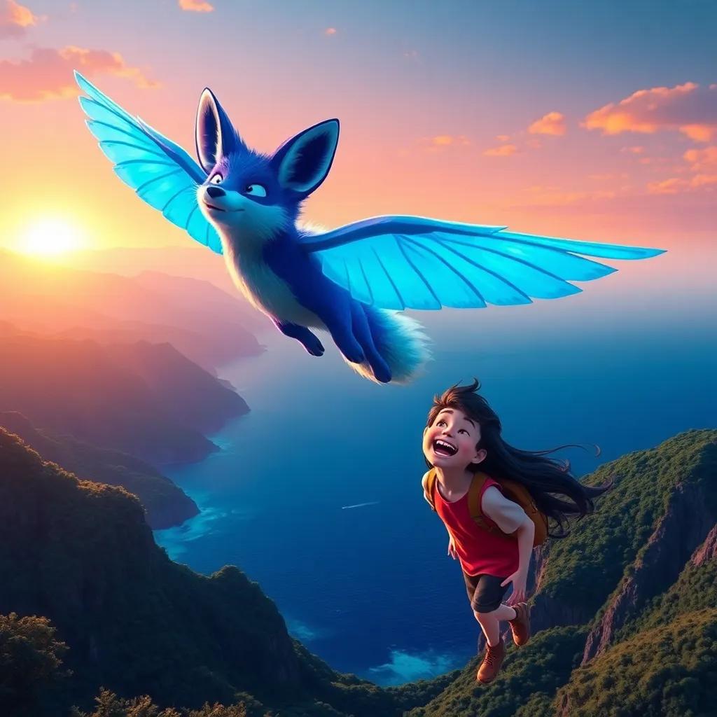 A flying fox with bright blue wings soaring over lush green mountains and sparkling blue ocean, accompanied by Jack, a curious boy with a big smile, and Maria, a girl with long black hair, both laughing joyfully, sunset backdrop creating a warm hue, adventure-themed digital art, high quality