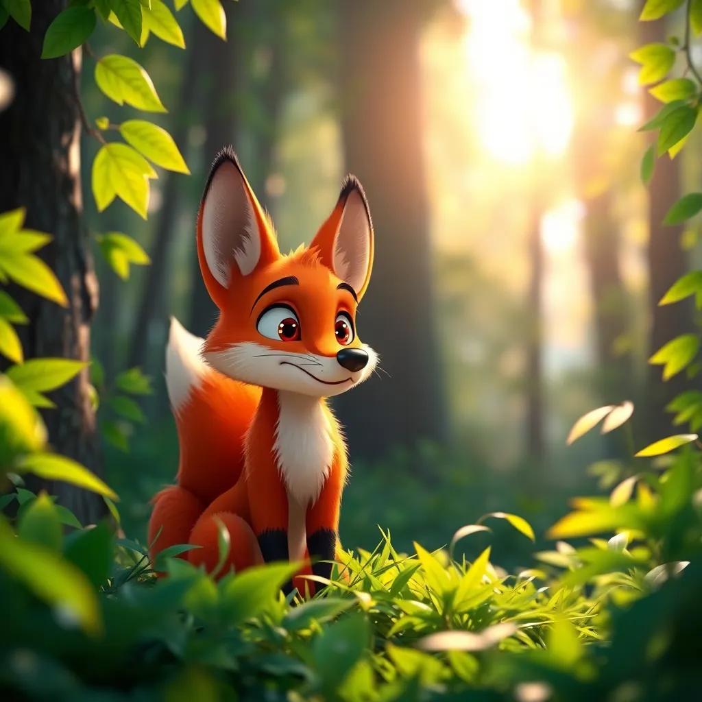 A clever fox in a green forest, looking curious, with bright green leaves and soft sunlight, digital art, whimsical, vibrant colors, friendly atmosphere