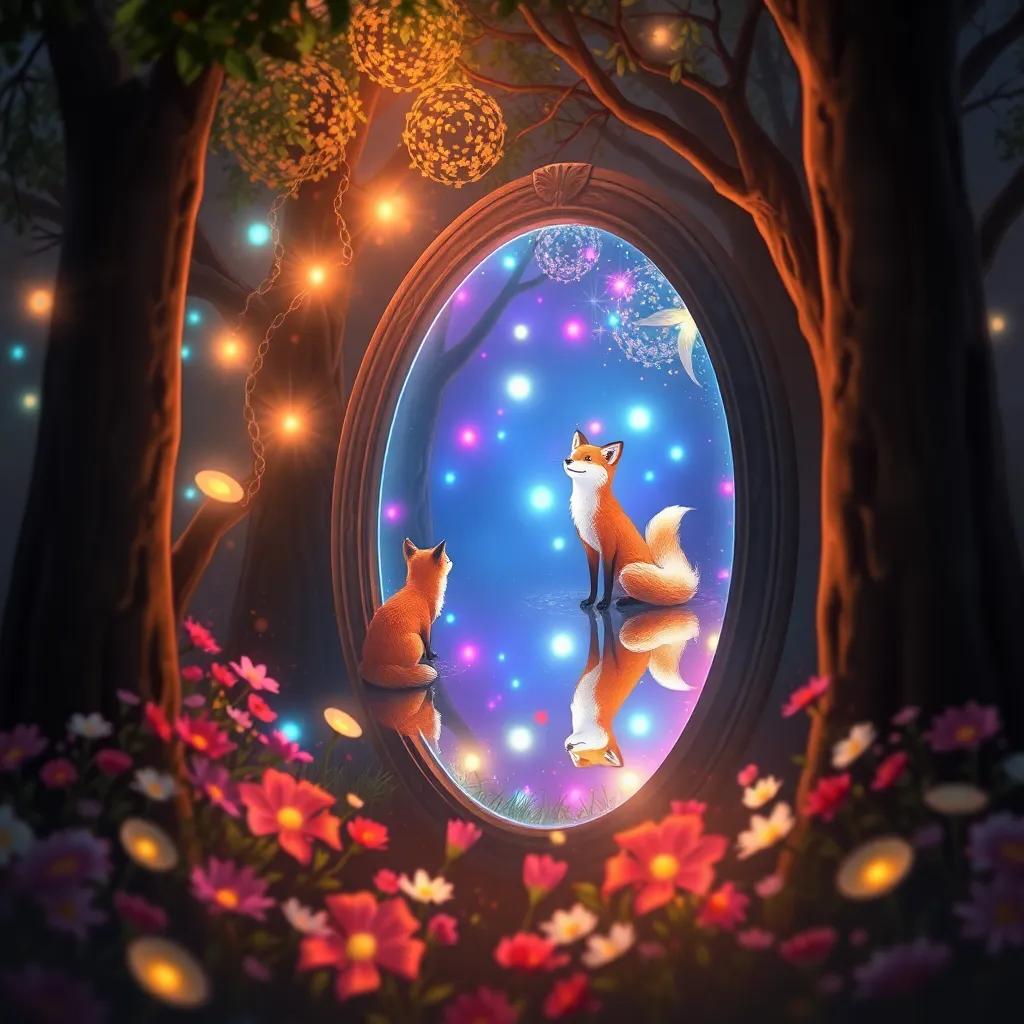 A magical mirror glowing between trees, reflecting colorful lights and the fox's reflection, surrounded by flowers, fantasy style, enchanting, warm light