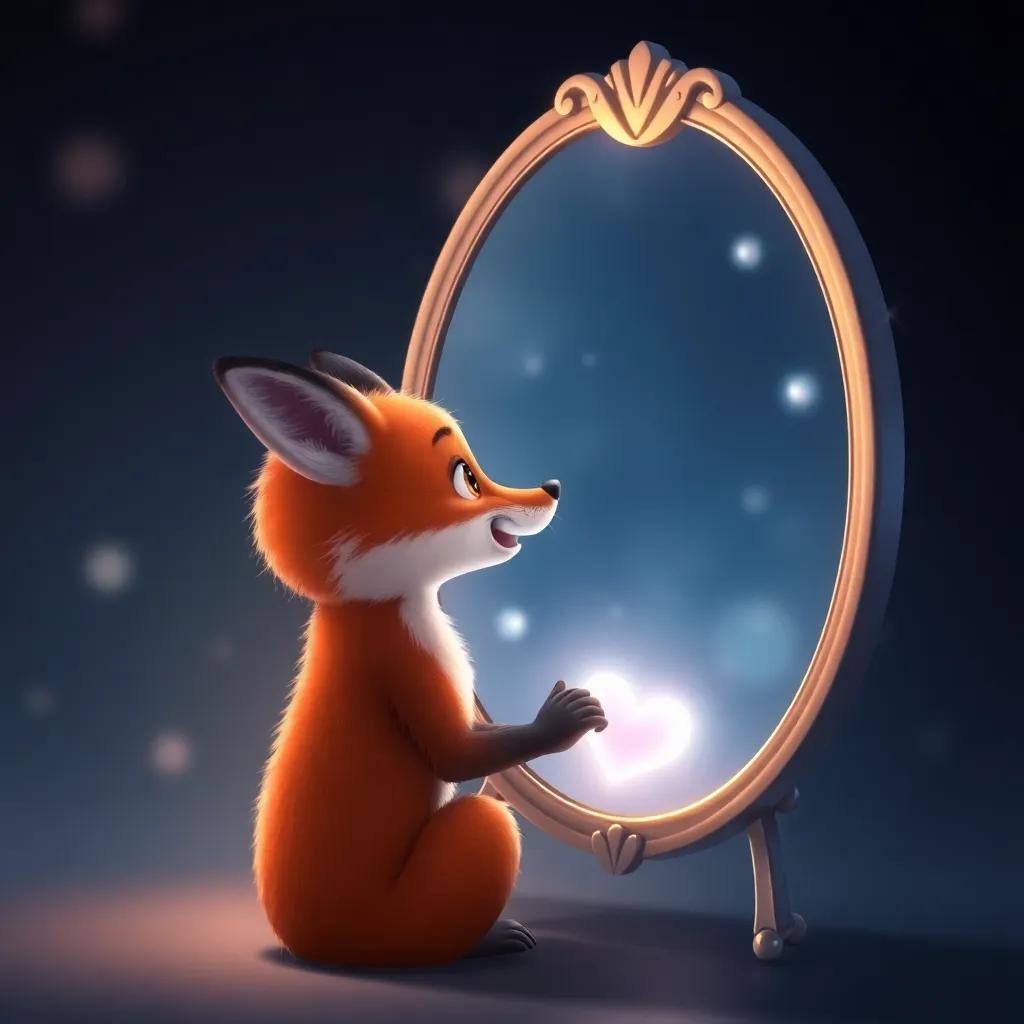 The magical mirror speaking to the fox in a soft voice, with light beams around it, showing the fox's heart, captivating, serene mood, focus on the fox and mirror
