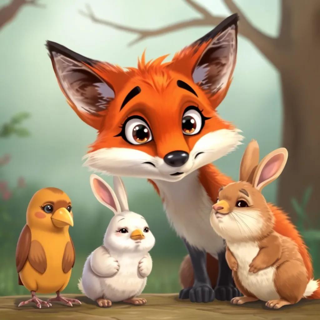 The fox watching images of sad birds and rabbits, with a look of surprise and regret, emotional scene, detailed, showing feelings, pastel colors