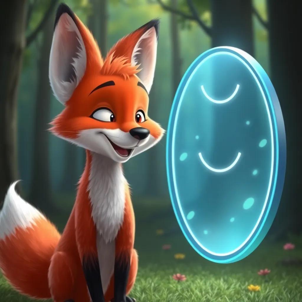 The fox nodding excitedly, with the magical mirror glowing brighter, showing a smile; forest background, cheerful mood, friendly, inviting atmosphere