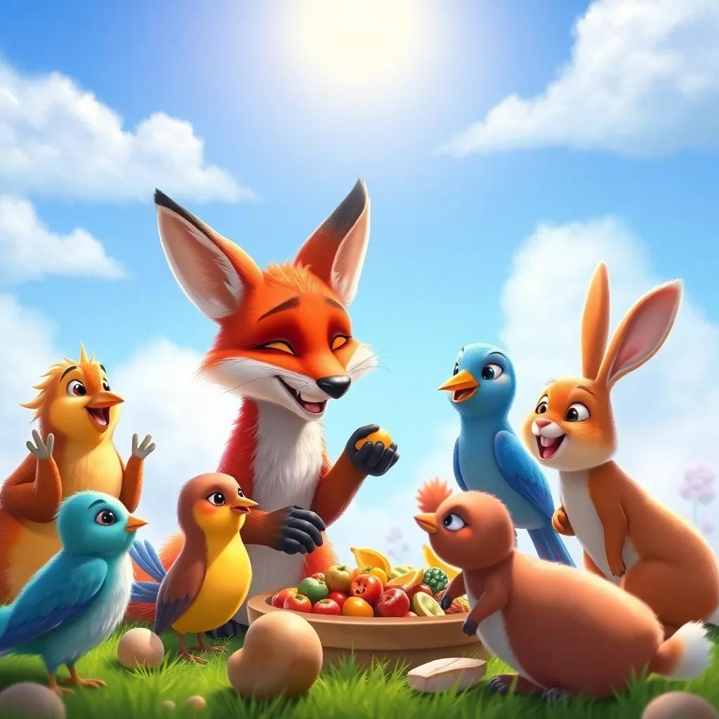 The fox sharing food with happy birds and rabbits, under a sunny sky, vibrant colors, joyful expressions, heartwarming scene