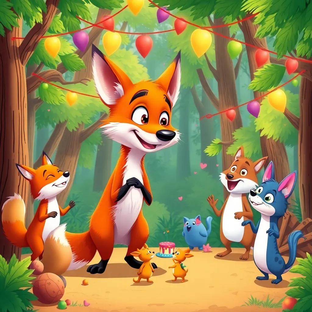 The fox organizing a big party in the forest, with happy animals dancing, colorful decorations, lush trees, festive atmosphere, colorful illustration