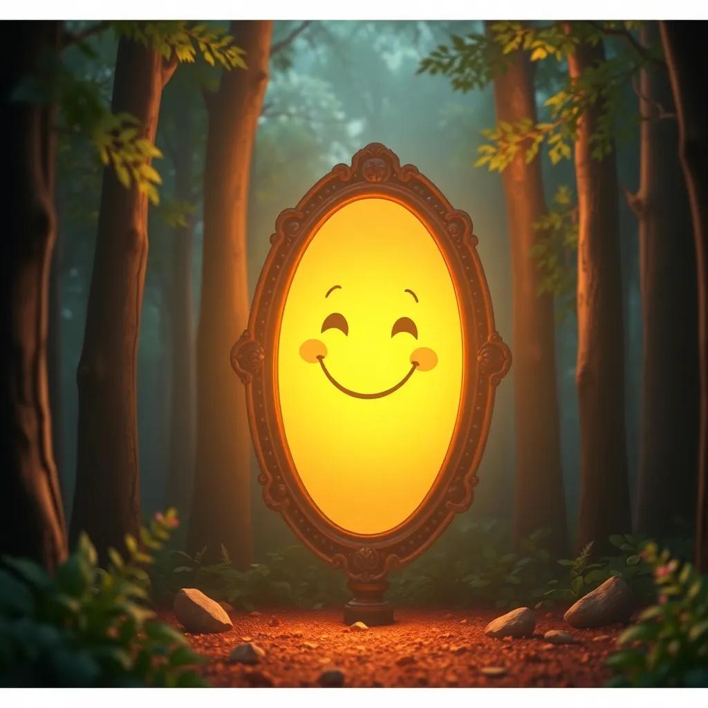 The magical mirror smiling in the forest, symbolizing friendship and kindness, soft glow, warm light, inviting space