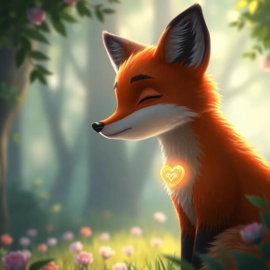 The fox reflecting on kindness with a small magical item in its heart, peaceful forest background, dreamy atmosphere, hopeful color palette