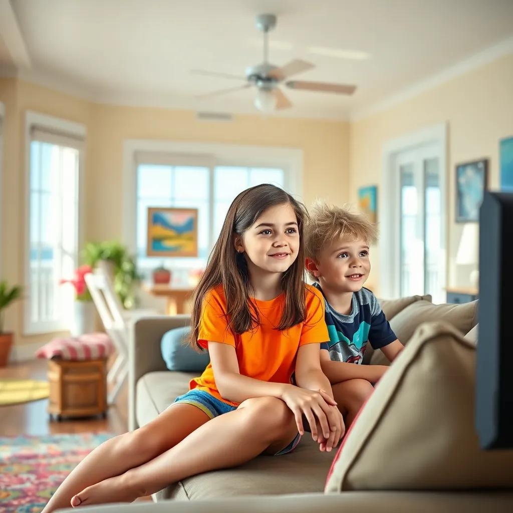 A sunny living room in the Outer Banks, with Elaina, a 16-year-old girl with long brown hair, wearing a bright t-shirt and shorts, sitting on a couch with JJ, a young boy with messy blonde hair, in casual beach attire, both watching TV intently, colorful decor, inviting atmosphere, digital art, vibrant colors, cheerful lighting