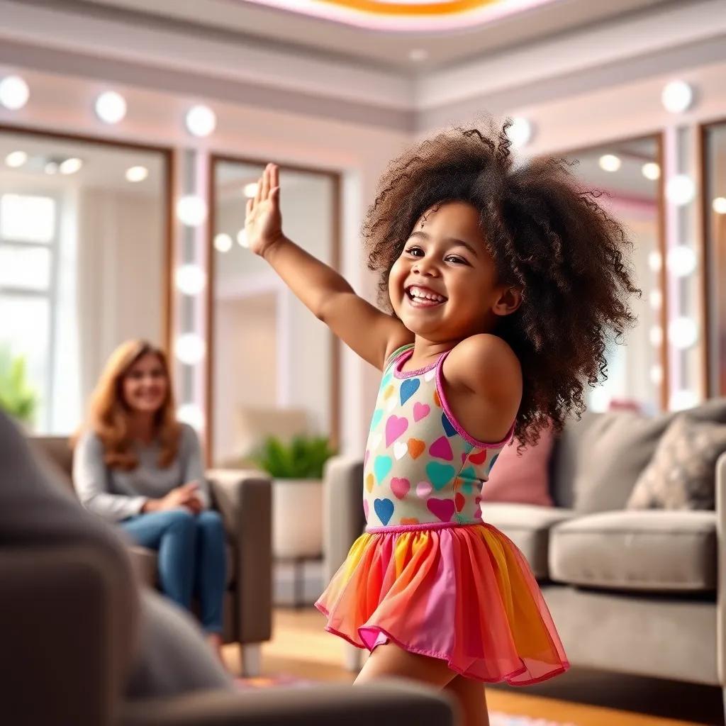 A scene from a reality TV show with a young Elaina, a 6-year-old girl with curly hair, dancing in a bright studio with mirrors, wearing a colorful dance outfit, her smile wide with joy, while older Elaina watches JJ's reaction on the couch, bright and engaging, heartwarming moment, digital illustration, joyful