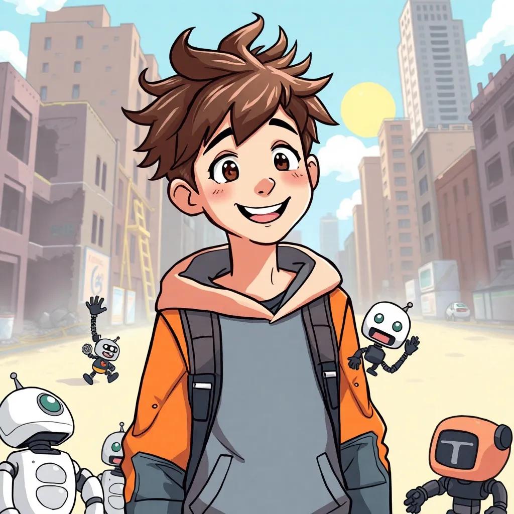 A tall boy with messy brown hair, wearing a futuristic hoodie, surrounded by playful robots, reaching out to Elanor with a bright smile, sunny day in a city with crumbling buildings, vibrant and hopeful, illustration, child-friendly