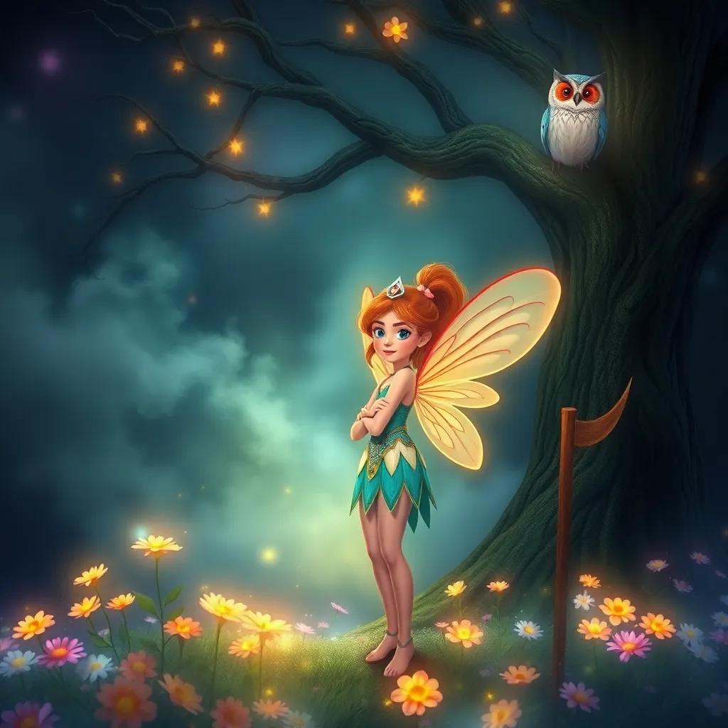 Elara the fairy, determined and brave, stands before a dark mist and a tree with a wise owl, surrounded by glowing flowers, dreamy atmosphere, colorful enchanting light, high quality