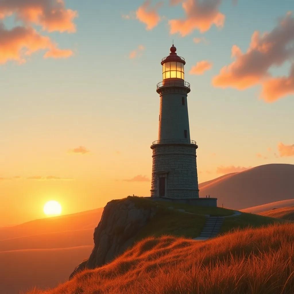 An old lighthouse standing tall on a cliff, surrounded by rolling hills, at sunset, the light shining brightly in the evening sky, digital art, warm colors, peaceful ambiance, beautiful landscape