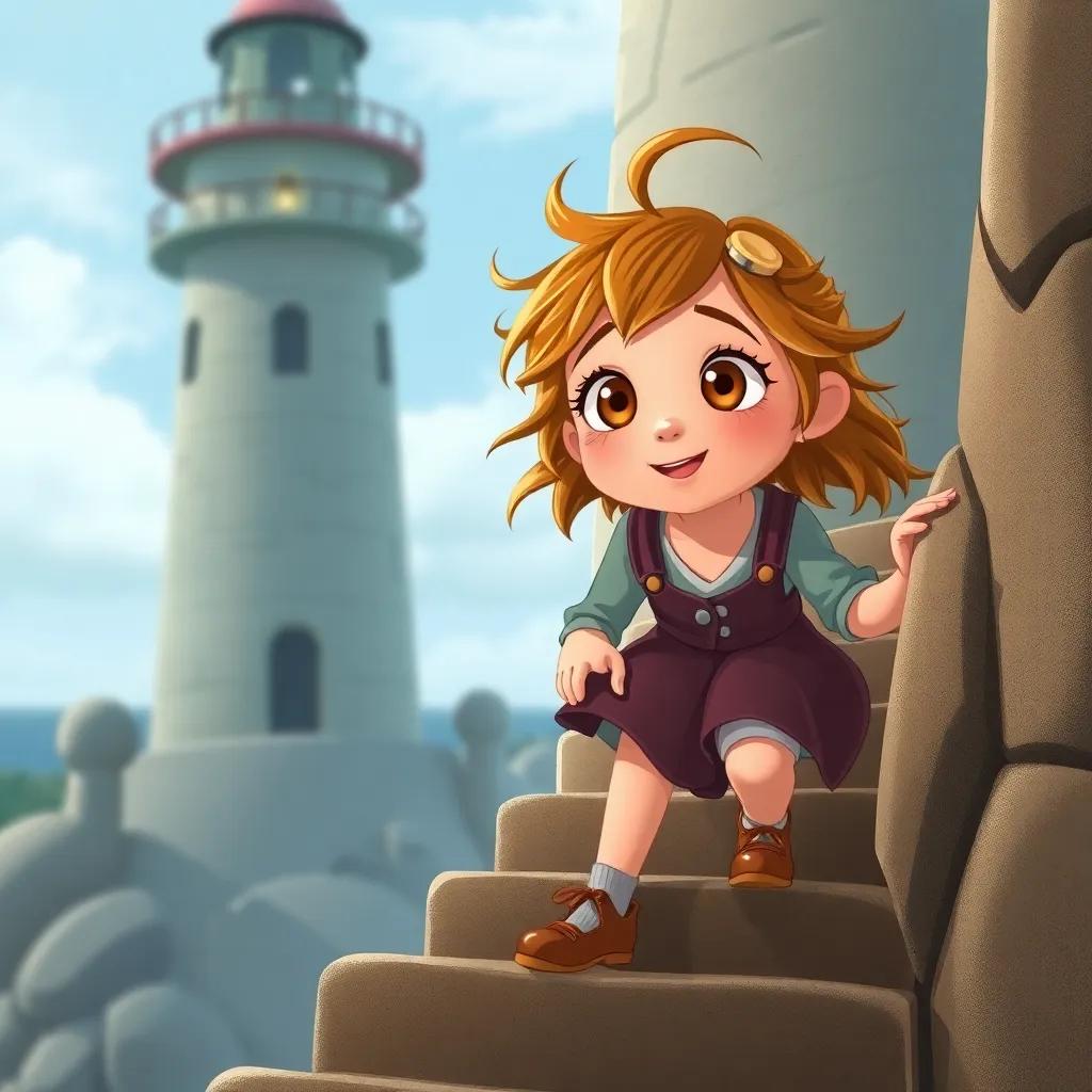 A young girl named Elara, with bright eyes and tousled hair, climbing the worn stone stairs of the lighthouse, excitement on her face, illustration, charming, capturing her adventurous spirit, cozy atmosphere