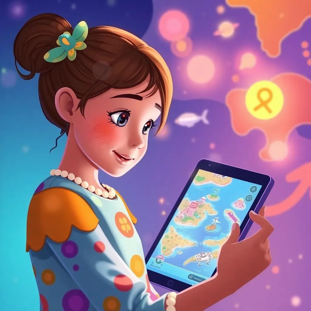 A vibrant illustration of Elara tapping on the glowing icons, with a friendly AI concierge appearing on the screen, colorful travel map with floating islands, depicting adventure and relaxation, child-oriented, bright and colorful