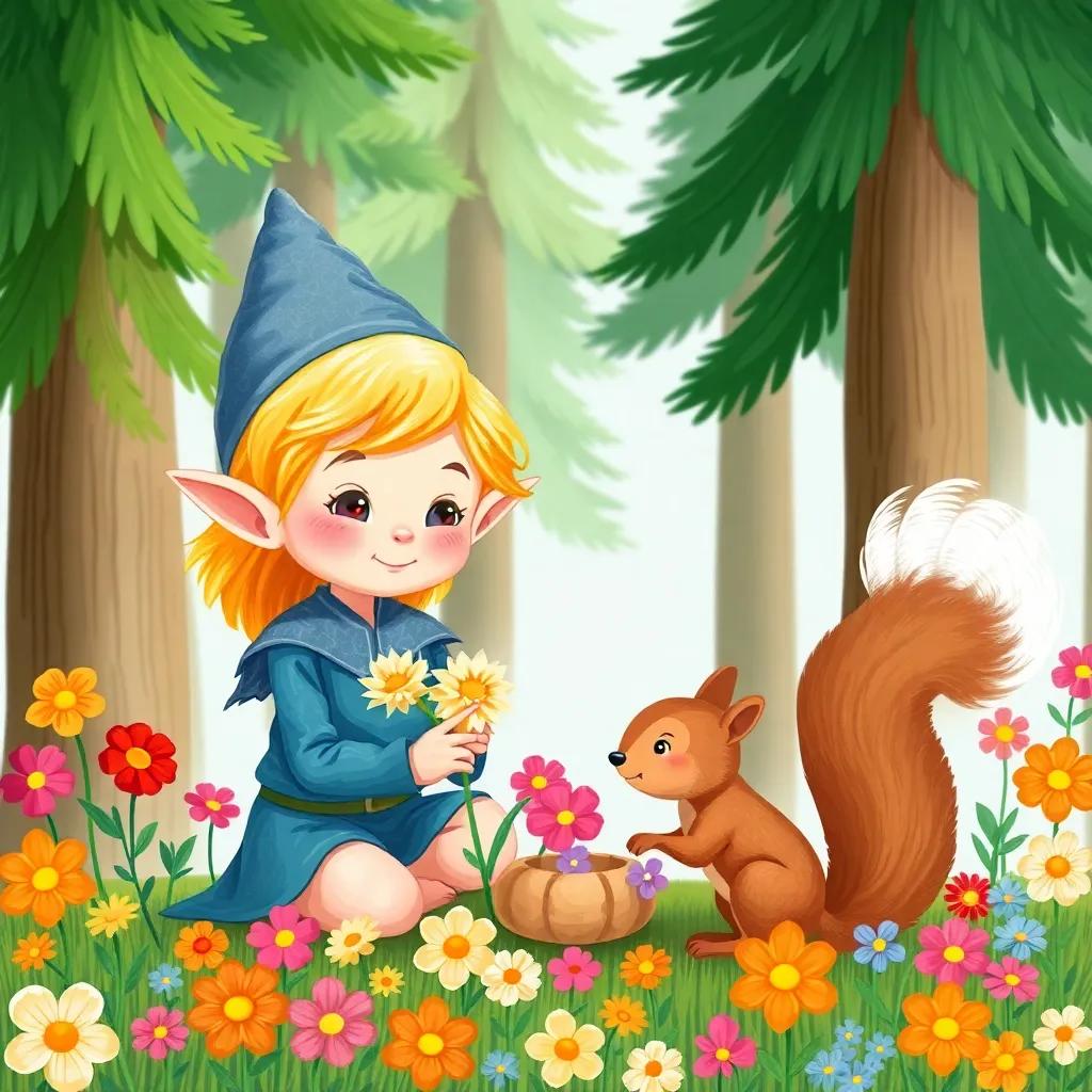 Eli the shy elf, with small pointy ears and golden hair, making flower crowns with a friendly squirrel, surrounded by colorful flowers and tall trees, whimsical style, cheerful colors, playful scene, high quality