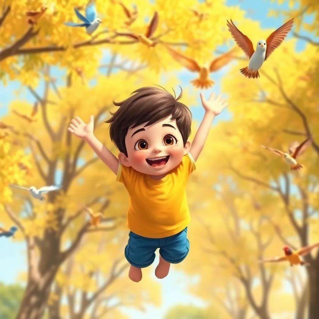 A little boy, Elia, with short brown hair wearing a bright yellow t-shirt and blue shorts, joyfully flying above trees in a sunny park, surrounded by colorful birds, digital art, vibrant colors, cheerful atmosphere, child-friendly, high quality