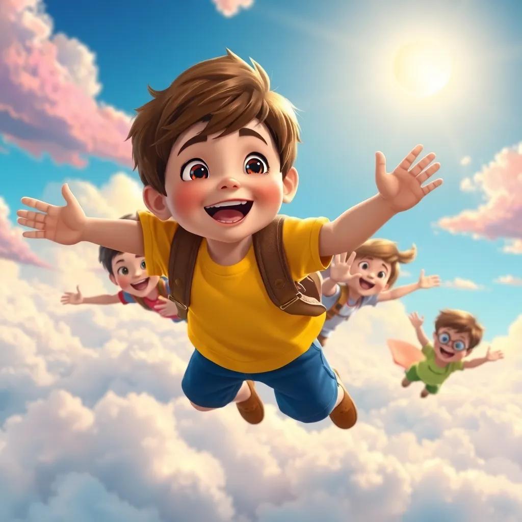 Elia, a little boy with short brown hair in a yellow t-shirt and blue shorts, soaring in the sky with his friends, colorful clouds and the sun shining brightly, excitement in their faces, digital painting, fun and imaginative, uplifting scenery, high quality