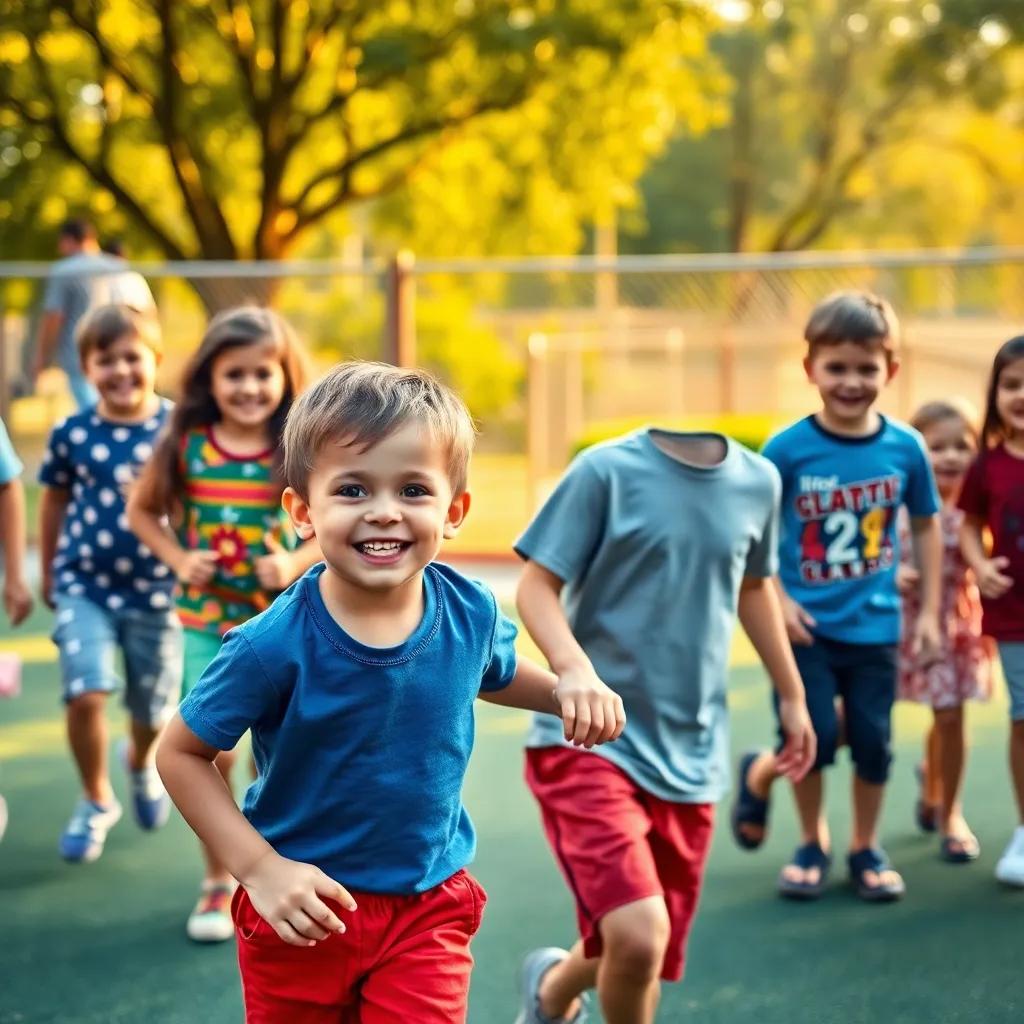 Elias, a young boy with a blue t-shirt and red shorts, joining a group of smiling children playing together, vibrant playground with laughter, warm light, cheerful colors, quality details, joyful scene, high quality