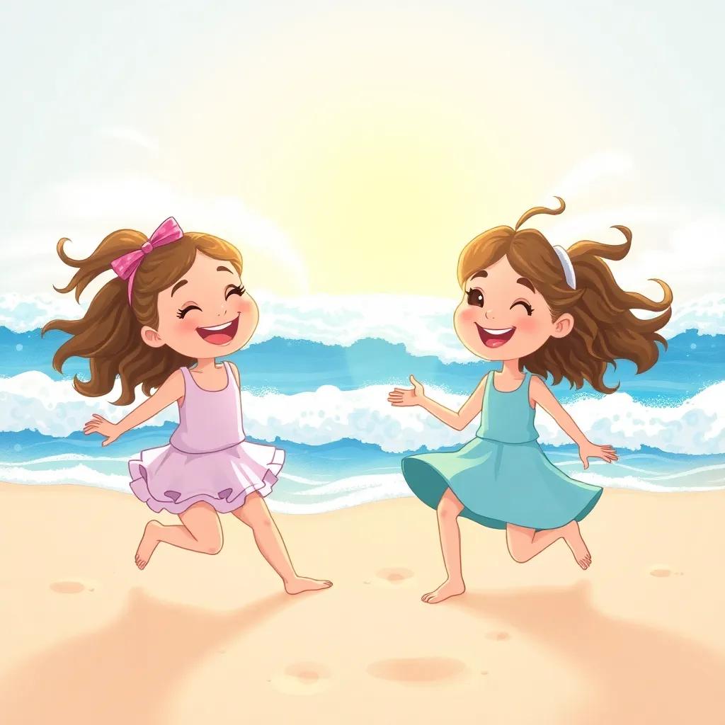 Two girls, Ella and Cleo, joyful and smiling, playing on a sandy beach under the sun, with waves crashing in the background, digital art, bright colors, cheerful atmosphere, high quality