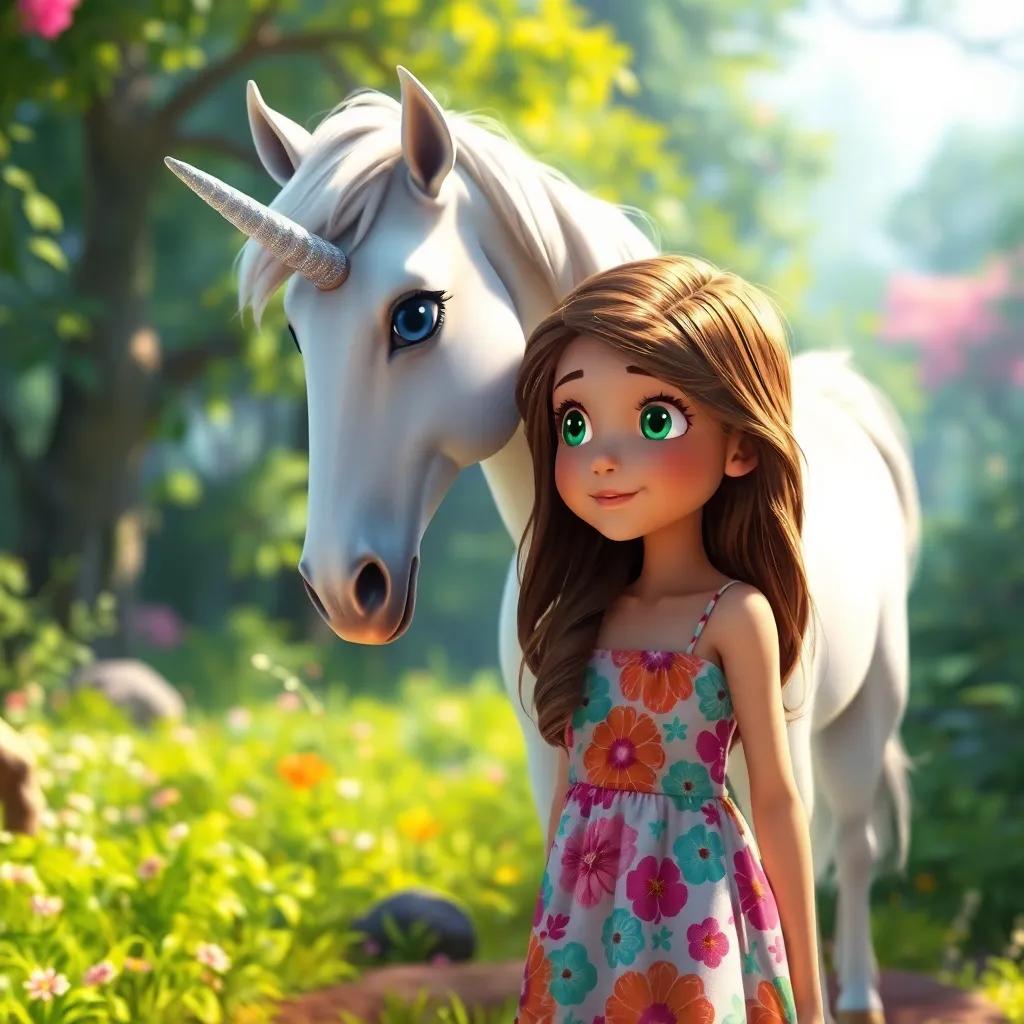 Ella, a girl with long brown hair in a colorful sundress, stands amazed as a friendly unicorn, Luna, with a shiny silver mane and sparkling blue eyes approaches her in a vibrant enchanted forest, detailed digital art, magical atmosphere, bright colors, inviting