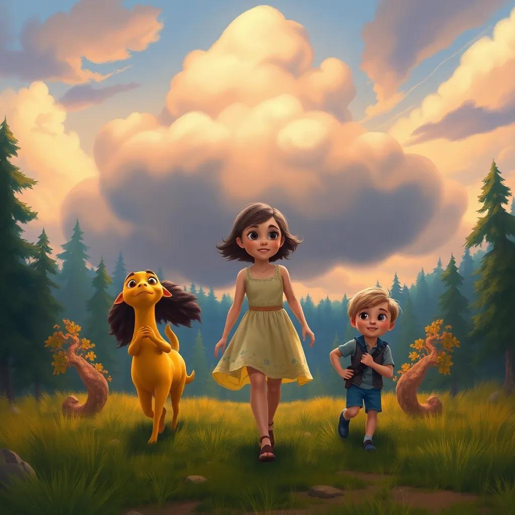 Ella, a girl in a sundress, bravely leading Luna and Oliver towards a dark cloud looming over the enchanted forest, their faces determined and hopeful, digital painting, dynamic perspective, warm colors, adventurous